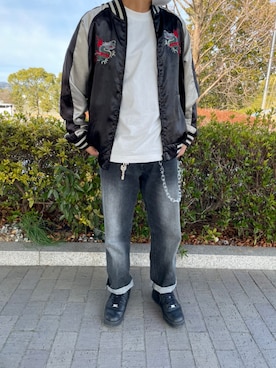 「no brand（ノーブランド）のアイテム（スカジャン）」を使った、ハマチさん（メンズ・166cm）の冬コーディネート