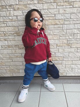 「devirock（デビロック）のアイテム（キャップ）」を使った、yayaさん（キッズ・90cm）の冬コーディネート