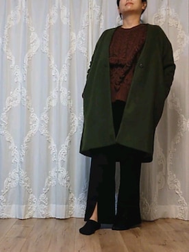 「大きいサイズ」｜「アイテム（ノーカラーコート）」を使った、naginagiさん（レディース・165cm）の秋コーディネート