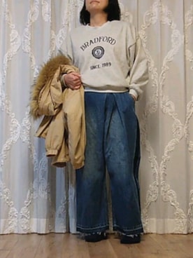 「MEDE19F（メデジュウキュウ）のアイテム（デニムパンツ）」を使った、naginagiさん（レディース・165cm）の冬コーディネート