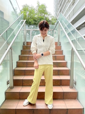 「CONVERSE TOKYO（コンバーストウキョウ）のストレッチフレアパンツ（その他パンツ、イエロー系）」を使った、Kiriさん（レディース・156cm）の夏コーディネート