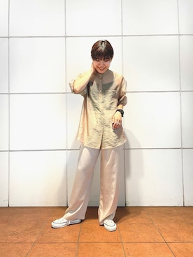 「CONVERSE TOKYO（コンバーストウキョウ）のシャンブレーオーガンジーシャツ（シャツ/ブラウス、ベージュ系）」を使った、Kiriさん（レディース・156cm）の夏コーディネート