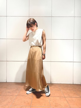 「CONVERSE TOKYO（コンバーストウキョウ）のパワーショルダーTシャツ（Tシャツ/カットソー、ホワイト系）」を使った、Kiriさん（レディース・156cm）の夏コーディネート