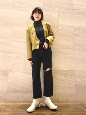 「KBF（ケイビーエフ）のアイテム（ノーカラージャケット）」を使った、たけださん（レディース・161cm）の冬コーディネート