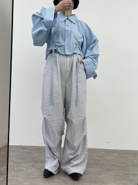 「W:Huku（フーク）の【W:Huku / スムースタッチコットン】シャーリング ブラウス / Smooth Touch Cotton Shirring Blouse（シャツ/ブラウス、ブルー系）」を使った、W:Hukuさん（レディース・159cm）の春コーディネート