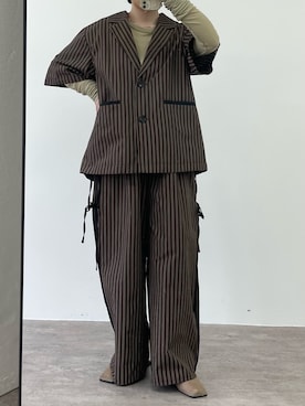 「W:Huku（フーク）の【W:Huku / ブロードストライプ】シングル シャツ ジャケット / Broad Stripe Single-Breasted Shirt Jacket（テーラードジャケット、ブラウン系）」を使った、W:Hukuさん（レディース・159cm）の春コーディネート