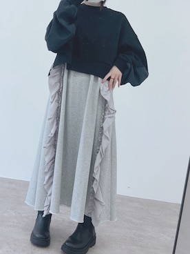 「W:Huku（フーク）のアームパッチ スウェット プルオーバー / Arm Patch Sweatshirt Pullover（スウェット、ブラック系）」を使った、W:Hukuさん（レディース・159cm）の春コーディネート