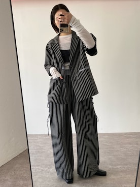 「W:Huku（フーク）の【W:Huku / ブロードストライプ】シングル シャツ ジャケット / Broad Stripe Single-Breasted Shirt Jacket（テーラードジャケット、ブラック系）」を使った、W:Hukuさん（レディース・159cm）の春コーディネート