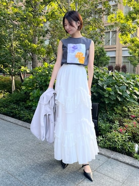 「AND COUTURE（アンドクチュール）のティアードチュールスカート（スカート、ホワイト系）」を使った、AND COUTUREさん（レディース・165cm）の夏コーディネート