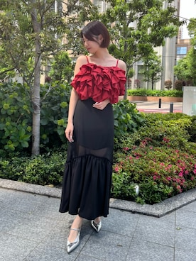 「AND COUTURE（アンドクチュール）のラッフルフリルオフショルブラウス（シャツ/ブラウス、レッド系）」を使った、AND COUTUREさん（レディース・165cm）の夏コーディネート