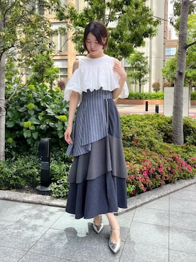 「AND COUTURE（アンドクチュール）のバルーンオフショルコンビプルオーバー（Tシャツ/カットソー、ホワイト系）」を使った、AND COUTUREさん（レディース・165cm）の夏コーディネート