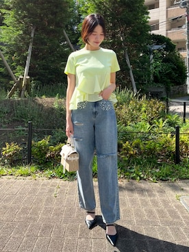 「AND COUTURE（アンドクチュール）のペプラムカットトップス（Tシャツ/カットソー、グリーン系）」を使った、AND COUTUREさん（レディース・165cm）の夏コーディネート