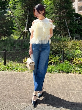 「AND COUTURE（アンドクチュール）のチュールレイヤードノースリーブＴシャツ（Tシャツ/カットソー、イエロー系）」を使った、AND COUTUREさん（レディース・165cm）の夏コーディネート