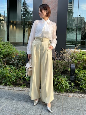 「AND COUTURE（アンドクチュール）のベルト付きハイウエストワイドパンツ（その他パンツ、イエロー系）」を使った、AND COUTUREさん（レディース・165cm）の夏コーディネート