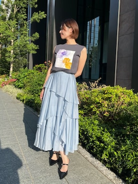 「AND COUTURE（アンドクチュール）のアシンメトリーシフォンラッフルスカート（スカート、ブルー系）」を使った、AND COUTUREさん（レディース・165cm）の夏コーディネート