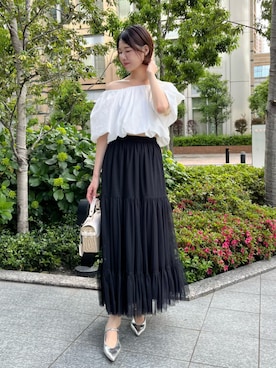 「AND COUTURE（アンドクチュール）の2WAYバルーンブラウス（シャツ/ブラウス、ホワイト系）」を使った、AND COUTUREさん（レディース・165cm）の夏コーディネート