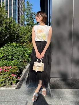 「AND COUTURE（アンドクチュール）のラッフルフリルチュールスカート（スカート、ブラック系）」を使った、AND COUTUREさん（レディース・165cm）の夏コーディネート