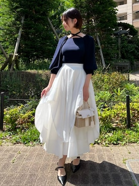 「AND COUTURE（アンドクチュール）の7分袖ホルターリボンニットプルオーバー（ニット/セーター、ブルー系）」を使った、AND COUTUREさん（レディース・165cm）の夏コーディネート