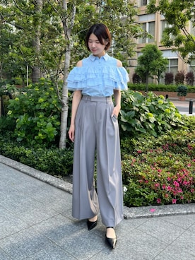 「AND COUTURE（アンドクチュール）のティアードフリルブラウス（シャツ/ブラウス、ブルー系）」を使った、AND COUTUREさん（レディース・165cm）の夏コーディネート