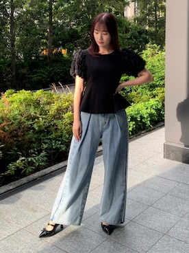 「AND COUTURE（アンドクチュール）のパールサイドラインデニムパンツ（デニムパンツ、ブルー系）」を使った、AND COUTUREさん（レディース・165cm）の秋コーディネート