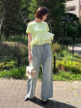 「AND COUTURE（アンドクチュール）のペプラムカットトップス（Tシャツ/カットソー、グリーン系）」を使った、AND COUTUREさん（レディース・165cm）の夏コーディネート