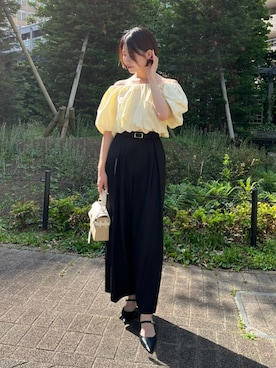 「AND COUTURE（アンドクチュール）のウエストリブワイドパンツ（その他パンツ、ブラック系）」を使った、AND COUTUREさん（レディース・165cm）の夏コーディネート