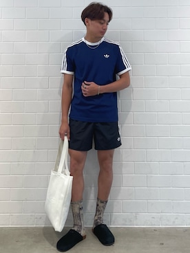 「adidas（アディダス）のクロシェ トート バッグ / アディダスオリジナルス adidas Originals（トートバッグ、ホワイト系）」を使った、SZさん（メンズ・178cm）の夏コーディネート