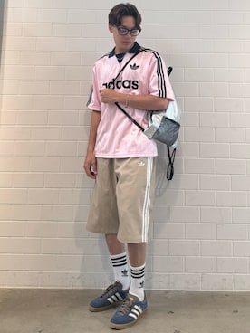 「adidas（アディダス）のCOLLARED GOALIE / アディダスオリジナルス adidas Originals（Tシャツ/カットソー、ピンク系）」を使った、SZさん（メンズ・178cm）の夏コーディネート