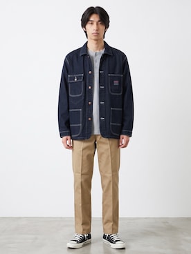 「Lee（リー）のLee/リー ARCHIVES OVERALL JACKET 91-J 1947 復刻モデル デニムカバーオール ジェルトデニム トリプルステッチ メンズ アメカジ 2026年秋冬 秋服 冬服（デニムジャケット、ブルー系）」を使った、Tomo大さん（メンズ・175cm）の秋コーディネート