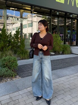 「Jena espace merveilleux（ジェナ　エスパスメルヴェイユ）のレースリブニット（ニット/セーター、ブラウン系）」を使った、chihiroさん（レディース・153cm）の秋コーディネート