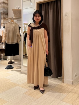 「Jena espace merveilleux(ジェナ エスパスメルヴェイユ)の【美シルエット】フロントタックワンピース(ワンピース、ベージュ系)」を使った、chihiroさん(レディース・153cm)の夏コーディネート