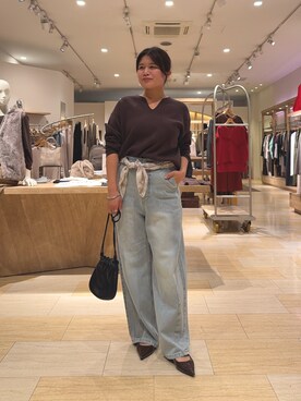「Jena espace merveilleux（ジェナ　エスパスメルヴェイユ）のジャガードVネックニット（ニット/セーター、グレー系）」を使った、chihiroさん（レディース・153cm）の秋コーディネート