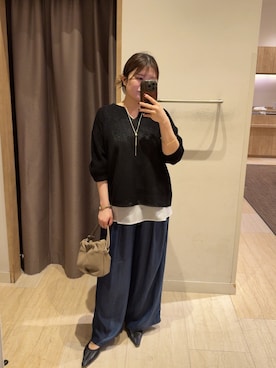 「Jena espace merveilleux(ジェナ エスパスメルヴェイユ)のループタイネックレス(ネックレス、ゴールド系)」を使った、chihiroさん(レディース・153cm)の春コーディネート