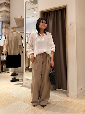 「Jena espace merveilleux(ジェナ エスパスメルヴェイユ)の細ベルトイージーパンツ(その他パンツ、グリーン系)」を使った、chihiroさん(レディース・153cm)の夏コーディネート