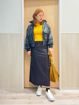 「Cutie Blonde（キューティーブロンド）のレザー調リブブルゾン（ブルゾン、ブラック系）」を使った、ツムツムさん（レディース・170cm）の秋コーディネート