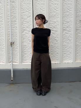 「KBF（ケイビーエフ）のタックドレープTEE（Tシャツ/カットソー、ブラック系）」を使った、miyuさん（レディース・153cm）の夏コーディネート