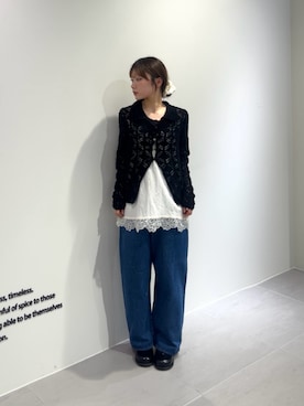 「KBF（ケイビーエフ）のヴィンテージライクレースキャミソール（キャミソール、ホワイト系）」を使った、miyuさん（レディース・153cm）の春コーディネート