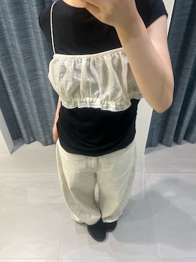 「KBF（ケイビーエフ）のブラトップビスチェSETブラウス（シャツ/ブラウス、ホワイト系）」を使った、miyuさん（レディース・153cm）の夏コーディネート