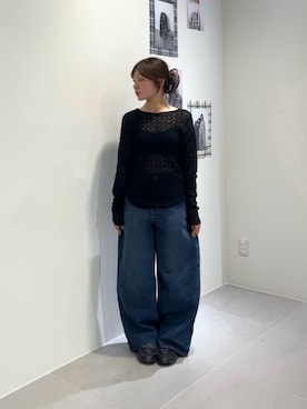 「KBF（ケイビーエフ）のシュリンクレーストップス（Tシャツ/カットソー、ブラック系）」を使った、miyuさん（レディース・153cm）の春コーディネート