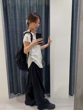 「KBF（ケイビーエフ）のフレンチスリーブレースシャツ（シャツ/ブラウス、ホワイト系）」を使った、miyuさん（レディース・153cm）の夏コーディネート