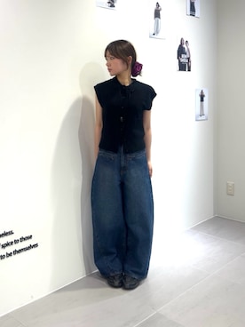 「KBF（ケイビーエフ）のスリーブレスニットシャツ（ニット/セーター、ブラック系）」を使った、miyuさん（レディース・153cm）の夏コーディネート