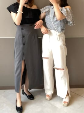 「one after another NICE CLAUP（ワンアフターアナザーナイスクラップ）のサイドボタンスリットスカート（スカート）」を使った、けるさん（レディース・159cm）の夏コーディネート