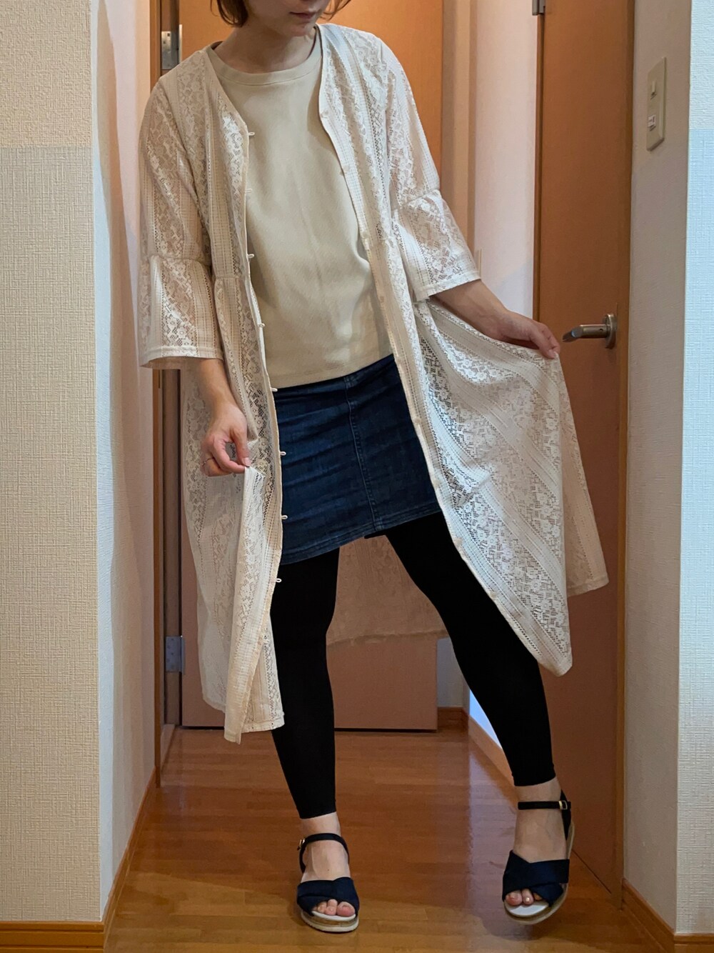 「休日コーデ、初夏コーデ、ヒールサンダル」｜「しまむらのアイテム（カーディガン/ボレロ、ホワイト系）」を使った、RisAko🍡さん（レディース・159cm）の春コーディネートの1枚目の写真