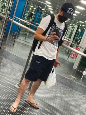 「無名のアイテム（サンダル、ブルー系）」を使った、平 真ノ丞さん（メンズ・173cm）の夏コーディネート