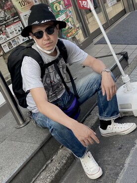 「CONVERSE（コンバース）のアイテム（スニーカー、ホワイト系）」を使った、平 真ノ丞さん（メンズ・173cm）の夏コーディネート