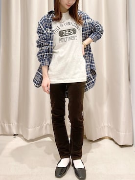 「Disney（ディズニー）のチェック綿ビエラBIGシャツ/Mickey（シャツ/ブラウス）」を使った、makophithさん（レディース・153cm）の春コーディネート