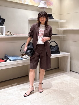 「GALLARDAGALANTE（ガリャルダガランテ）の【セットアップ対応】リネンハーフパンツ（Pants、ブラウン系）」を使った、CHIEさん（レディース・162cm）の春コーディネート