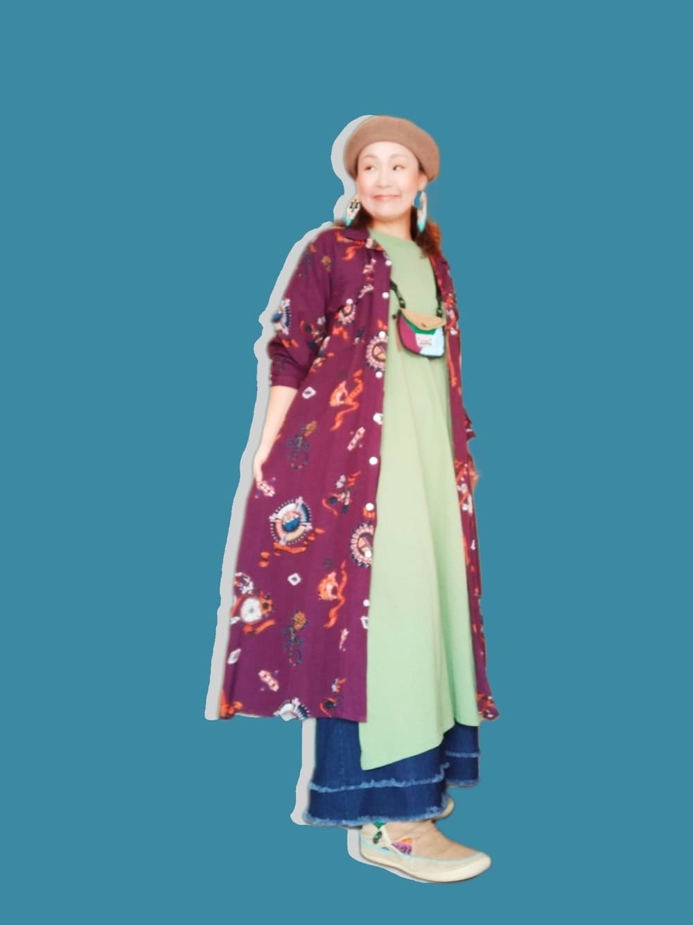 「おしゃれさんと繋がりたい、40代ファッション、好きな服を着る、元気になれる服、チャイハネ、ベレー帽、レイヤードスタイル、ゆるコーデ、ブーツ、ワンピース」｜「チャイハネの【チャイハネ】チョマベレー帽（ハンチング/ベレー帽、ベージュ系）」を使った、michiyogaさん（レディース・159cm）の秋コーディネートの1枚目の写真