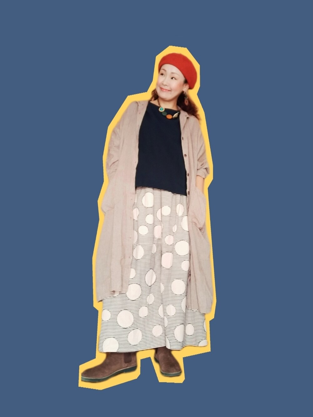 「おしゃれさんと繋がりたい、40代ファッション、好きな服を着る、元気になれる服、チャイハネ、ベレー帽、ドット、ブーツ、レイヤードスタイル、ゆるコーデ、秋コーデ」｜「チャイハネの【チャイハネ】チョマベレー帽（ハンチング/ベレー帽、オレンジ系）」を使った、michiyogaさん（レディース・159cm）の秋コーディネートの1枚目の写真