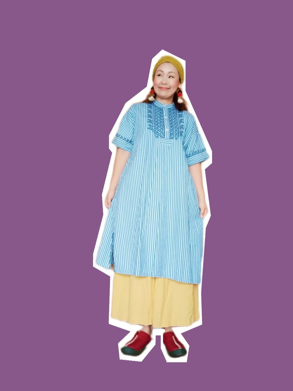 「おしゃれさんと繋がりたい、40代ファッション、好きな服を着る、元気になれる服、チャイハネ、ターバン、ワンピース、スリッポン、ストライプ、刺繍、ゆるコーデ」｜「チャイハネの【チャイハネ】変わり編みニットヘアバンド（ヘアバンド、イエロー系）」を使った、michiyogaさん（レディース・159cm）の秋コーディネートの1枚目の写真
